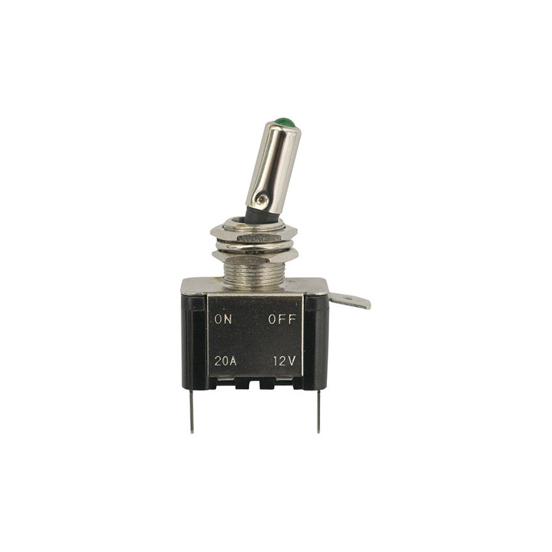 TUIMELSCHAKELAAR  Ø 12 mm 12 V - 20 A / 3 PENNEN MET GROENE DIODE