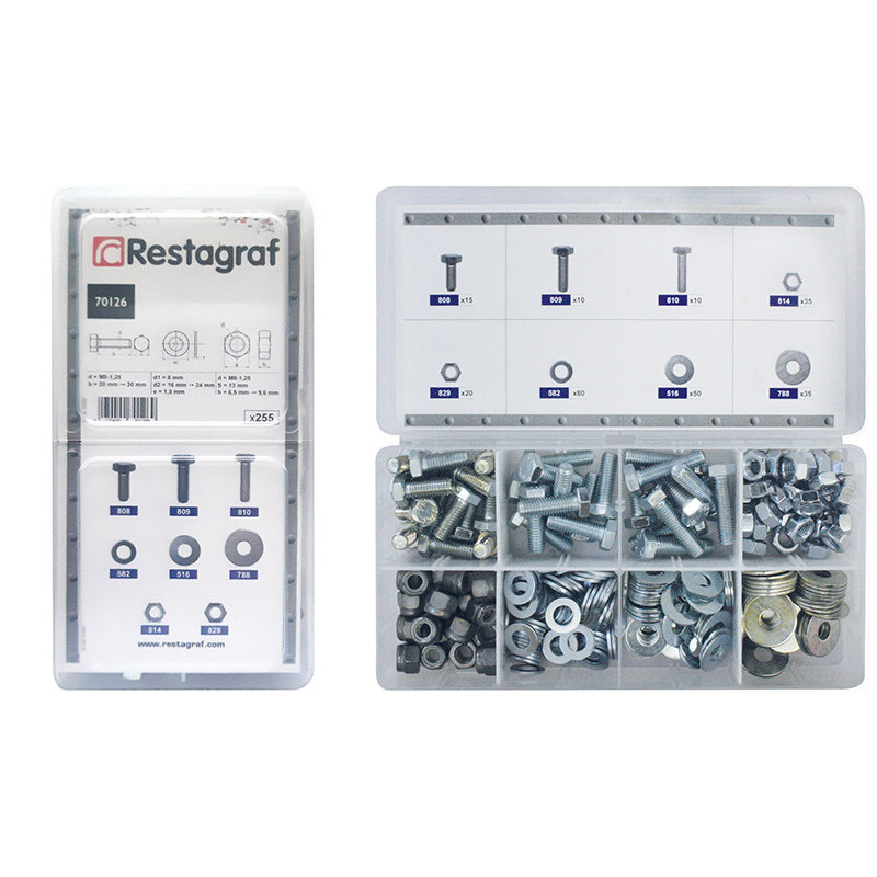 ASSORTMENT BOX OF GRADE 8.8 HEXAGON HEAD MACHINE SCREWS DIN 933 WITH GRADE 8 NUTS DIN 934/982 AND WASHERS Ø 8 mm