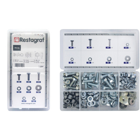 MINIKOFFER MET METAALSCHROEVEN MET ZESKANTKOP CL8.8 DIN 933 EN MOEREN CL8 DIN 934 EN SLUITRINGEN  Ø 8 mm