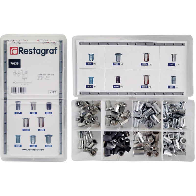 ASSORTMENT BOX OF STEEL AND ALUMINIUM CRIMP NUTS M6-1.00 → M8-1.25