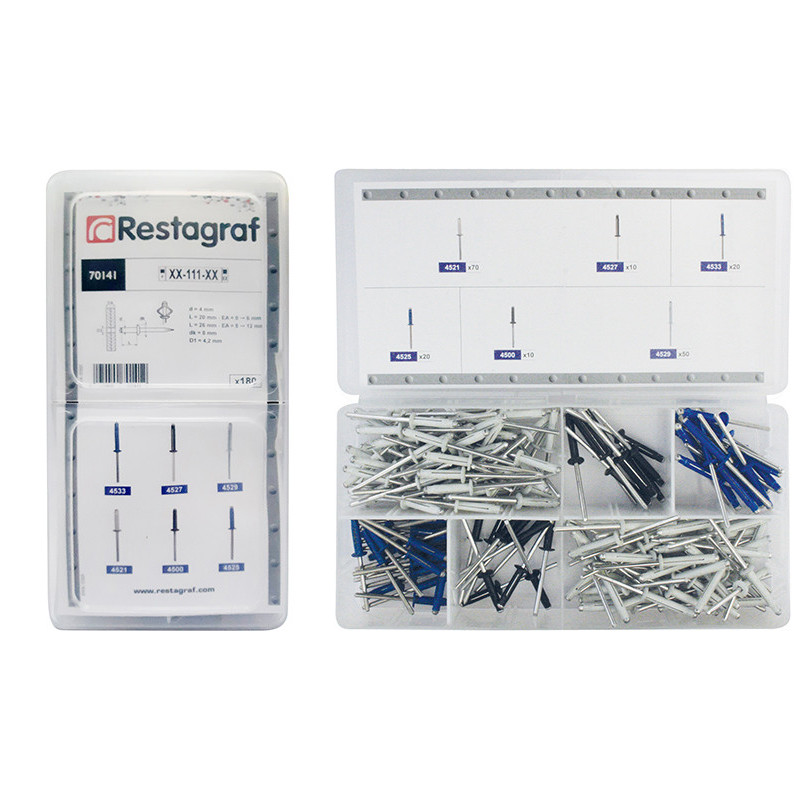 ASSORTMENT BOX OF PAINTED SPREADING RIVETS Ø 4 X 20 → Ø 4 X 26 mm