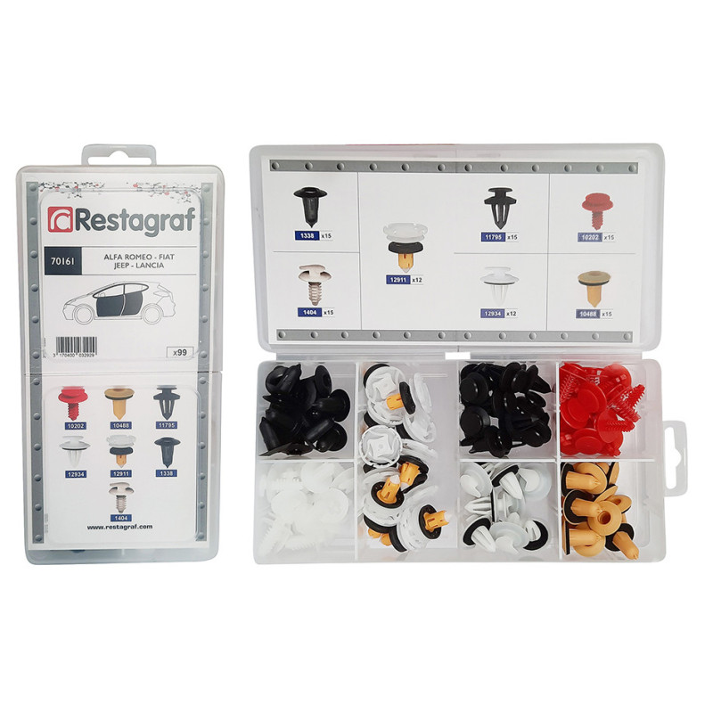 MINI-COFFRET D'ASSORTIMENT D'AGRAFES DE PANNEAUX TYPE ALFA-ROMEO FIAT JEEP LANCIA