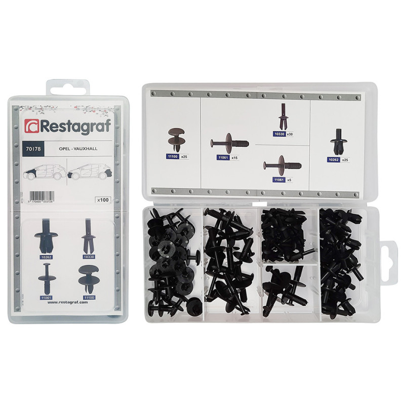 MINI-COFFRET D'ASSORTIMENT DE RIVETS PLASTIQUES TYPE OPEL VAUXHALL