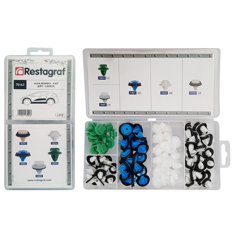 MINI-COFFRET D'ASSORTIMENT D'AGRAFES DE MOULURES TYPE ALFA-ROMEO FIAT JEEP LANCIA