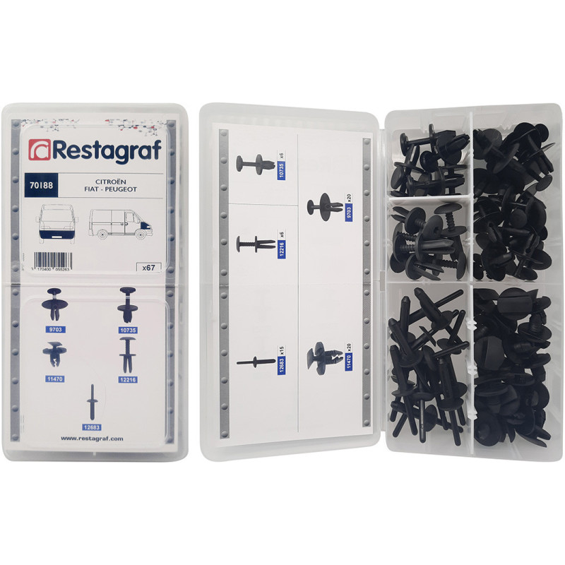 MINI-COFFRET D'ASSORTIMENT D'AGRAFES DE BOUCLIERS ET AILE TYPE VU CITROËN - FIAT - PEUGEOT