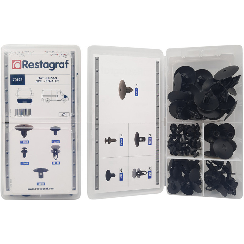 ASSORTIMENTDOOS BUMPER- EN VLEUGELCLIPS FIAT - NISSAN - OPEL - RENAULT VAN TYPE