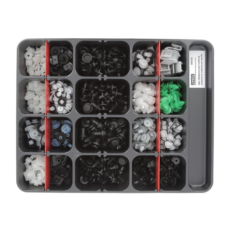 ASSORTMENT TRAY OF BUMPERS AND MOULDINGS CLIPS NISSAN TYPE