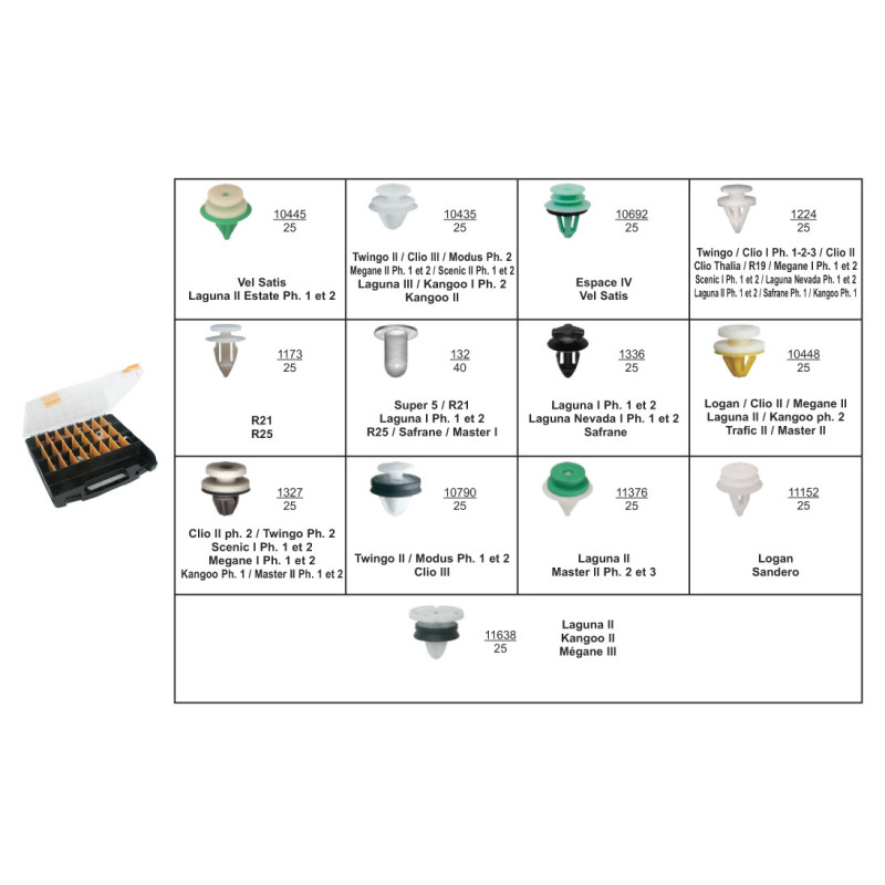 COFFRET D'ASSORTIMENT D'AGRAFES DE PANNEAUX DE GARNITURE DE PORTE TYPE RENAULT