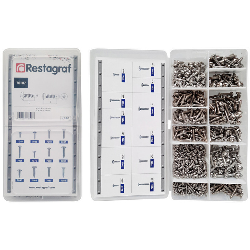 MINI-COFFRET ASSORTIMENT DE VIS À TÔLE TÊTE CYLINDRIQUE BOMBÉE ET TÊTE FRAISÉE BOMBÉE INOX A4 Ø 2,9 → 4,8 mm DIN7981 / DIN 7983