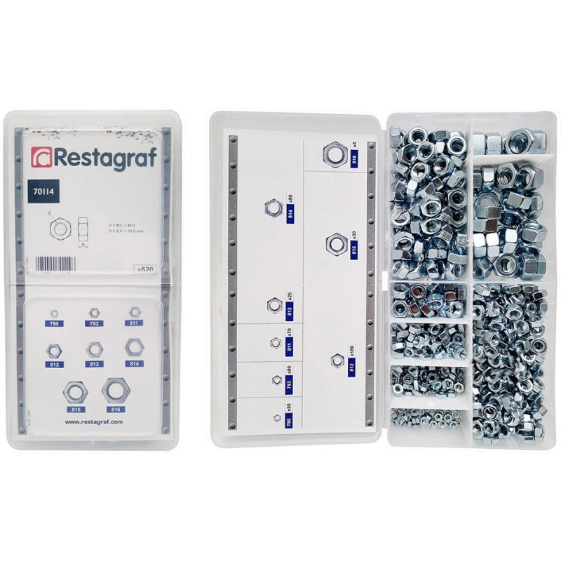 MINI-COFFRET D'ASSORTIMENT D' ÉCROUS HEXAGONAUX CL8 M3-0.50 → M12-1.75 DIN 934