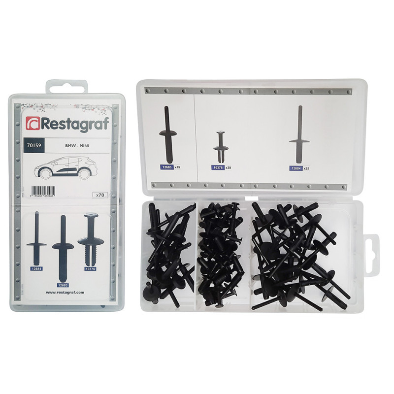 MINI-COFFRET D'ASSORTIMENT DE RIVETS PLASTIQUES TYPE BMW MINI