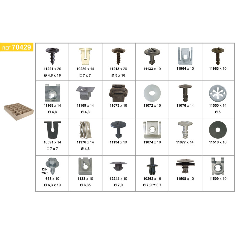 PLATEAU D'ASSORTIMENT DE FIXATIONS CARÉNAGES SOUS MOTEUR TYPE AUDI-SEAT-SKODA-VOLKSWAGEN