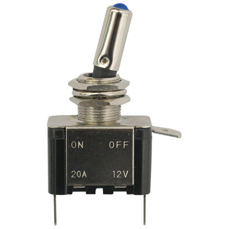 INTERRUPTEUR À LEVIER Ø 12 mm 12V - 20A / 3 BROCHES AVEC TÉMOIN BLEU