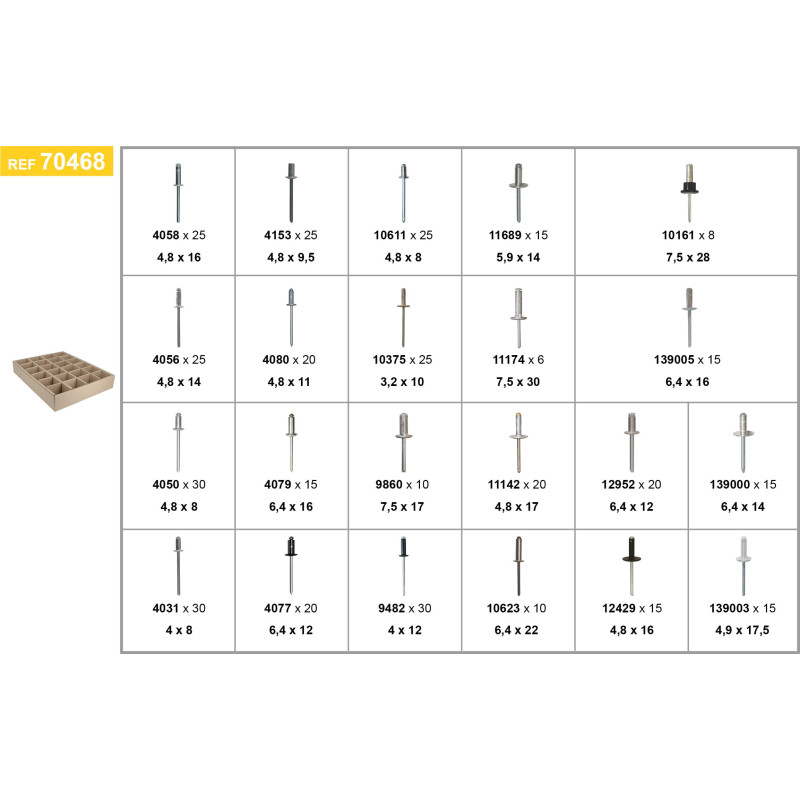 PLATEAU D'ASSORTIMENT DE RIVETS POUR PORTES ET HAYONS