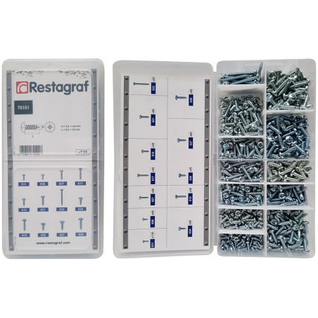 MINI-COFFRET D'ASSORTIMENT DE VIS À TÔLE TÊTE CYLINDRIQUE BOMBÉE ZN BLANC Ø 2,9 → 4,8 mm DIN 7981