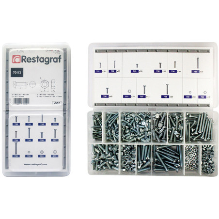 MINI-COFFRET D'ASSORTIMENT DE VIS À MÉTAUX TÊTE CYLINDRIQUE FENDUE DIN 84 + ÉCROUS DIN 934 M3-0.50 → M5-0.80