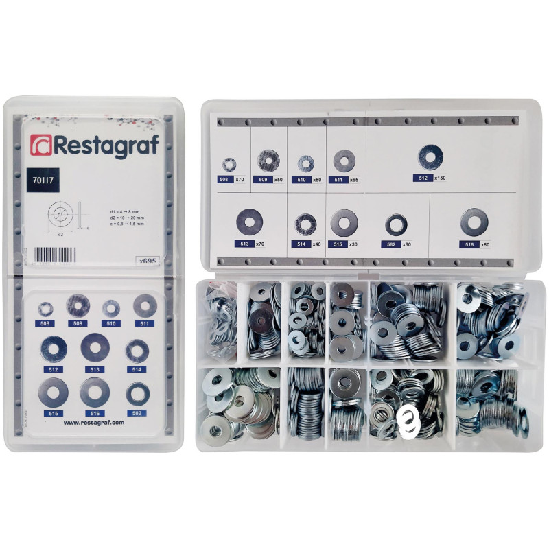 MINIKOFFER MET VERSCHILLENDE PLATTE SLUITRINGEN  Ø 4 → 8 mm
