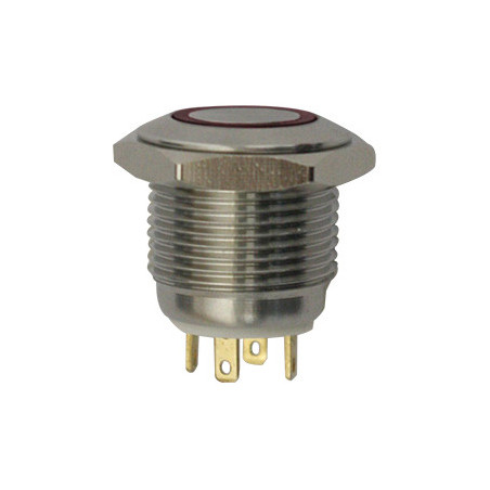 MICRO INTERRUPTEUR POUSSOIR À IMPULSION Ø 16 mm 12V - 3A / 4 BROCHES LUMINEUX ROUGE