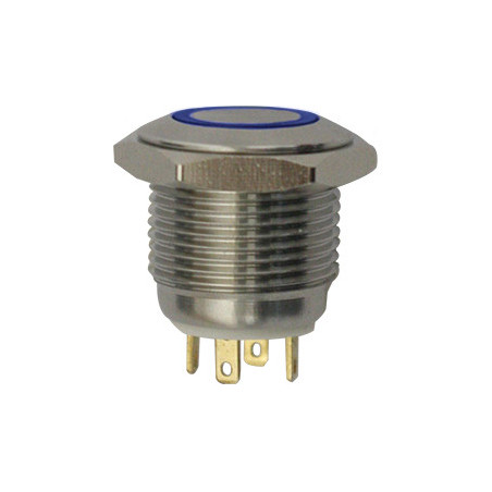 WATERPROOF IMPULSE PUSH ON BUTTON MICRO SWITCH Ø 16 mm 12V - 3A / 4 PIN BLUE ILLUMINATED