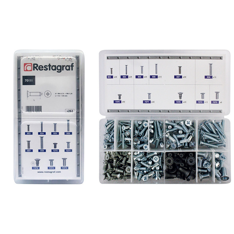 MINI-COFFRET D'ASSORTIMENT DE VIS À MÉTAUX TÊTE FRAISÉE CL6.8 ZN BLANC M4-0.70→ M8-1.25 DIN 965