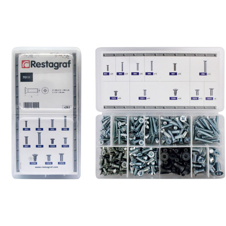 MINI-COFFRET D'ASSORTIMENT DE VIS À MÉTAUX TÊTE FRAISÉE CL6.8 ZN BLANC M4-0.70→ M8-1.25 DIN 965