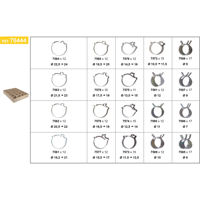 PLATEAU D'ASSORTIMENT DE COLLIERS CLIP ET COLLIERS RESSORT