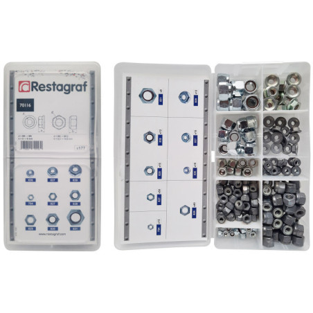 MINI-COFFRET D'ASSORTIMENT D' ÉCROUS HEXAGONAUX CL8 M5-0.80 → M12-1.75 NYLSTOP ET À EMBASE