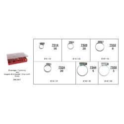 ASSORTMENT BOX OF WORM DRIVE HOSE CLAMPS Ø 9 → 50 mm L = 9 mm DIN 3017