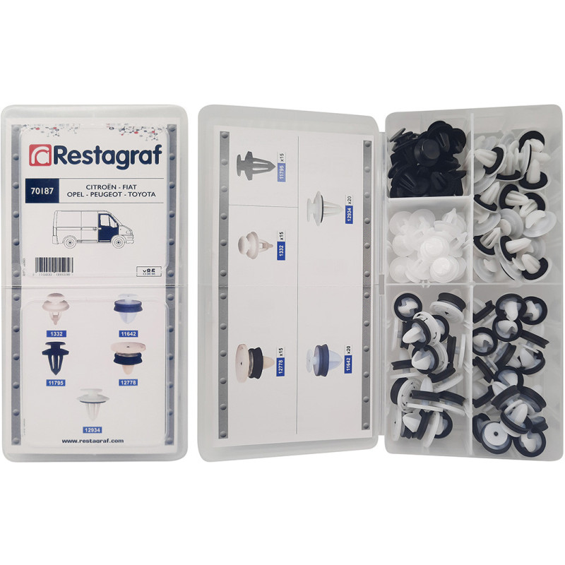 MINI-COFFRET D'ASSORTIMENT D'AGRAFES DE PANNEAUX TYPE VU CITROËN - FIAT - OPEL - PEUGEOT - TOYOTA
