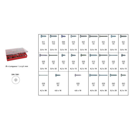 COFFRET D'ASSORTIMENT DE VIS À TÔLE TÊTE CYLINDRIQUE BOMBÉE ZN BLANC Ø 2,9 → 6,3 mm DIN 7981 COFFRET D'ASSORTIMENT DE VIS À TÔLE TÊTE CYLINDRIQUE BOMBÉE ZN BLANC Ø 2,9 → 6,3 mm DIN 7981