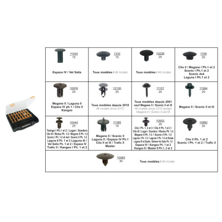COFFRET D'ASSORTIMENT DE FIXATIONS ENVIRONNEMENT MOTEUR TYPE DACIA-RENAULT COFFRET D'ASSORTIMENT DE FIXATIONS ENVIRONNEMENT MOTEUR TYPE DACIA-RENAULT