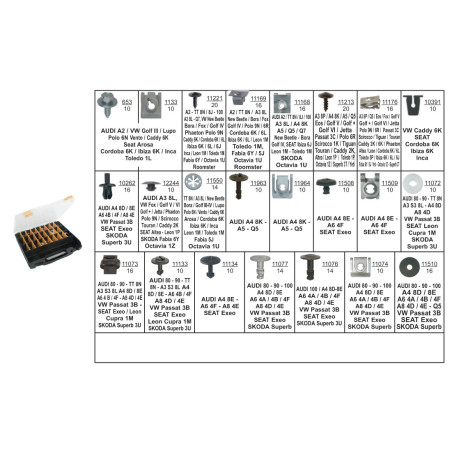 COFFRET D'ASSORTIMENT DE FIXATIONS CARÉNAGE SOUS MOTEUR TYPE AUDI-SEAT-SKODA-VOLKSWAGEN COFFRET D'ASSORTIMENT DE FIXATIONS CARÉNAGE SOUS MOTEUR TYPE AUDI-SEAT-SKODA-VOLKSWAGEN