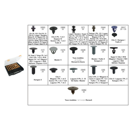COFFRET D'ASSORTIMENT D'AGRAFES DE GARNISSAGE INTÉRIEUR ET EXTÉRIEUR TYPE DACIA-RENAULT COFFRET D'ASSORTIMENT D'AGRAFES DE GARNISSAGE INTÉRIEUR ET EXTÉRIEUR TYPE DACIA-RENAULT