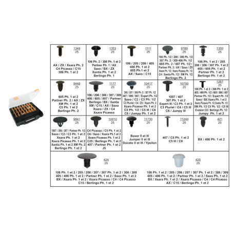 COFFRET D'ASSORTIMENT D'AGRAFES DE GARNISSAGE INTÉRIEUR ET EXTÉRIEUR TYPE CITROËN-PEUGEOT COFFRET D'ASSORTIMENT D'AGRAFES DE GARNISSAGE INTÉRIEUR ET EXTÉRIEUR TYPE CITROËN-PEUGEOT