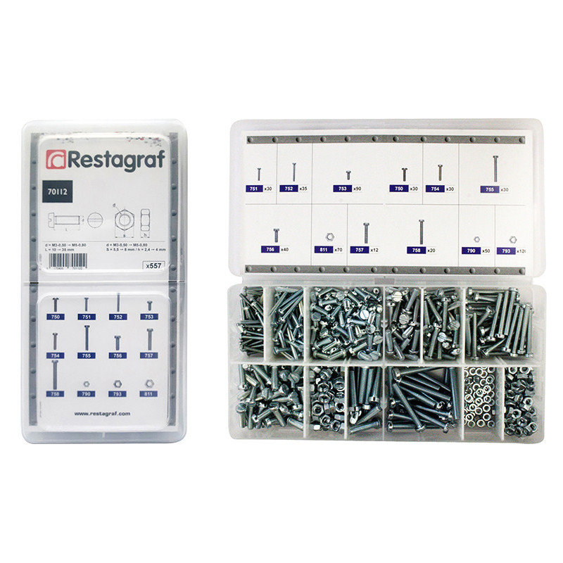 MINI-COFFRET D'ASSORTIMENT DE VIS À MÉTAUX TÊTE CYLINDRIQUE FENDUE DIN 84 + ÉCROUS DIN 934 M3-0.50 → M5-0.80