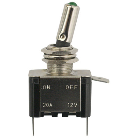TUIMELSCHAKELAAR  Ø 12 mm 12 V - 20 A / 3 PENNEN MET GROENE DIODE