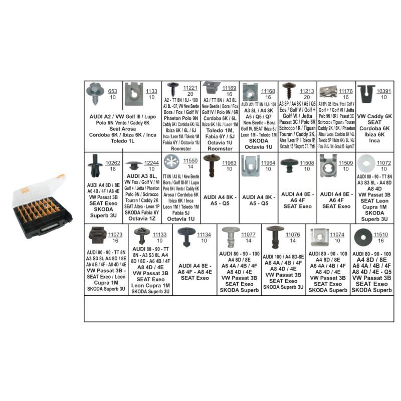 COFFRET D'ASSORTIMENT DE FIXATIONS CARÉNAGE SOUS MOTEUR TYPE AUDI-SEAT-SKODA-VOLKSWAGEN