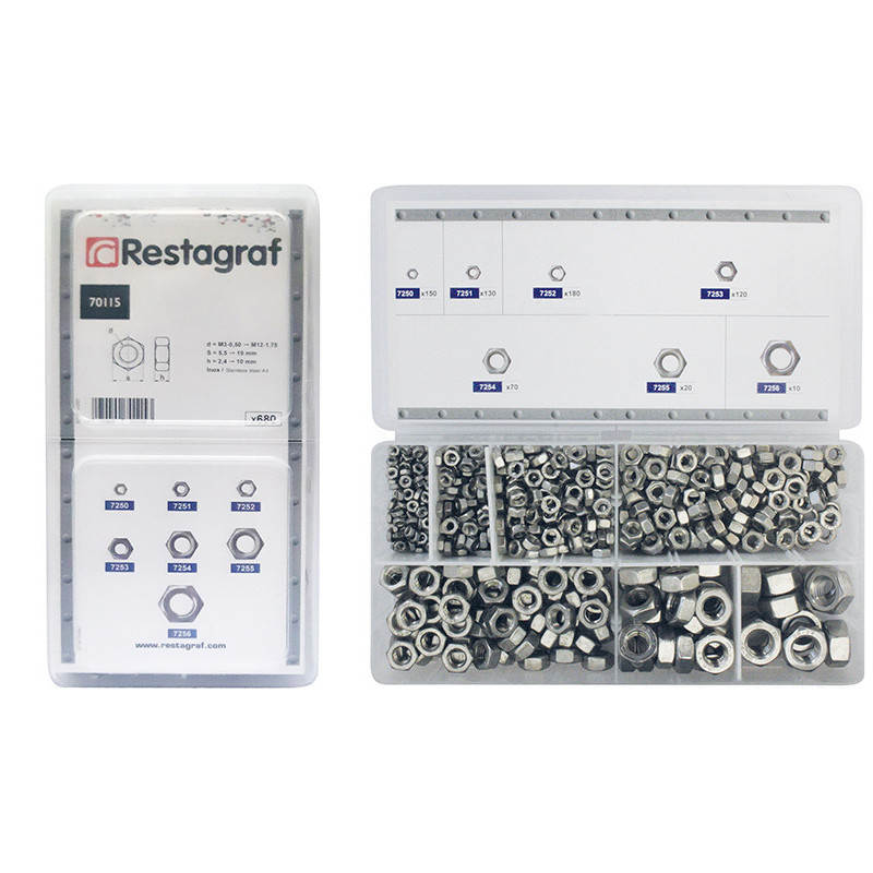 MINI-COFFRET D'ASSORTIMENT D' ÉCROUS HEXAGONAUX INOX A4 M3-0.50 → M12-1.75 DIN 934