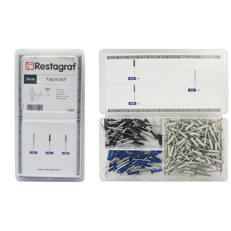 ASSORTMENT BOX OF PAINTED PEELED RIVETS Ø 4 X 16 mm