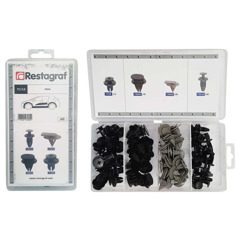 ASSORTMENT BOX OF MOULDING CLIPS AND PLASTIC RIVETS MINI TYPE