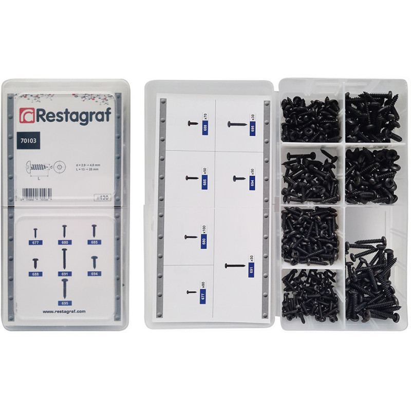 ASSORTMENT BOX OF BLACK ZINC PLATED PAN HEAD SELF TAPPING SCREWS Ø 2,9 → 4,8 mm DIN7981