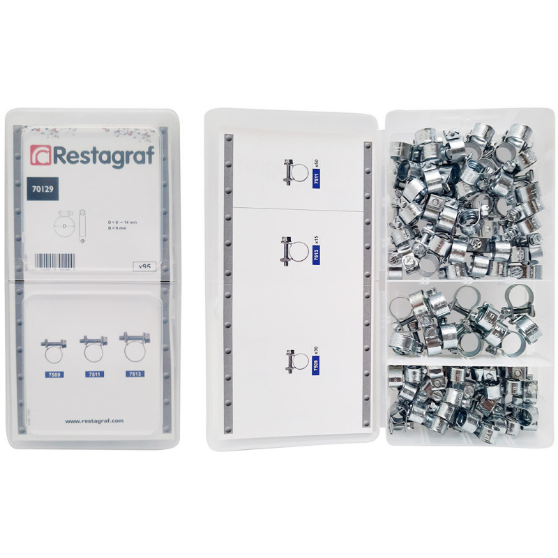 ASSORTMENT BOX OF MINI WORM DRIVE HOSE CLAMPS Ø 8 → 14 mm L = 9 mm