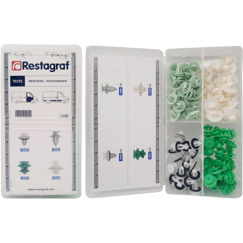 MINIKOFFER MET PANEELKLEMMEN-EN SIERLIJSTEN VOOR BEDRIJFSWAGENS MERCEDES - VOLKSWAGEN