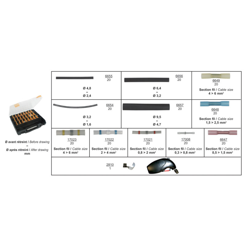 COFFRET D'ASSORTIMENT DE GAINES THERMORÉTRACTABLES ET MANCHONS BOUT A BOUT