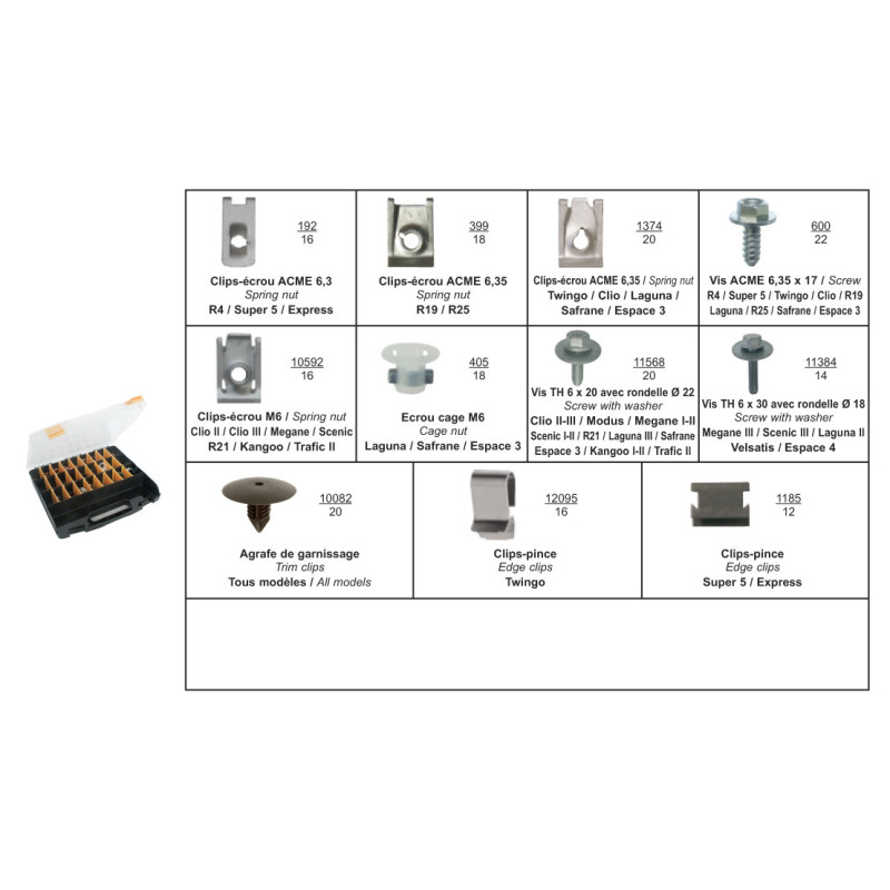 COFFRET D'ASSORTIMENT DE FIXATIONS CARÉNAGE SOUS MOTEUR TYPE RENAULT