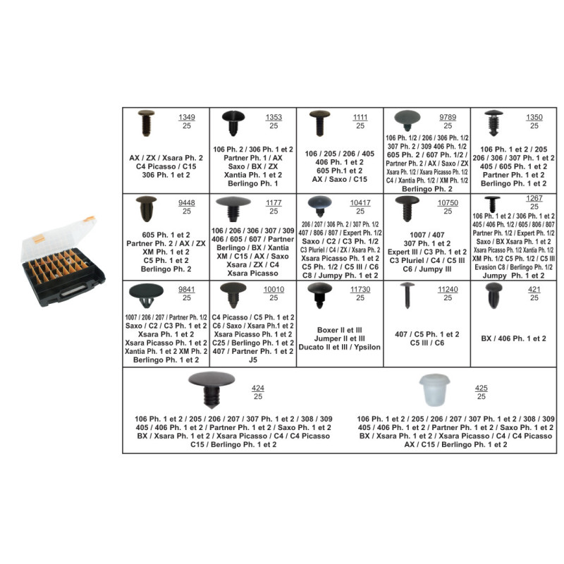 COFFRET D'ASSORTIMENT D'AGRAFES DE GARNISSAGE INTÉRIEUR ET EXTÉRIEUR TYPE CITROËN-PEUGEOT