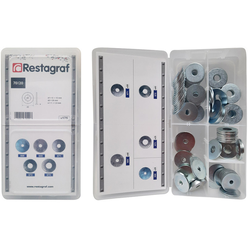 MINIKOFFER MET VERSCHILLENDE PLATTE SLUITRINGEN  Ø 6 → 10 X 30 mm