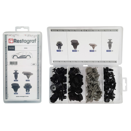 MINI-COFFRET D'ASSORTIMENT D'AGRAFES DE MOULURES  ET RIVETS PLASTIQUES TYPE MINI