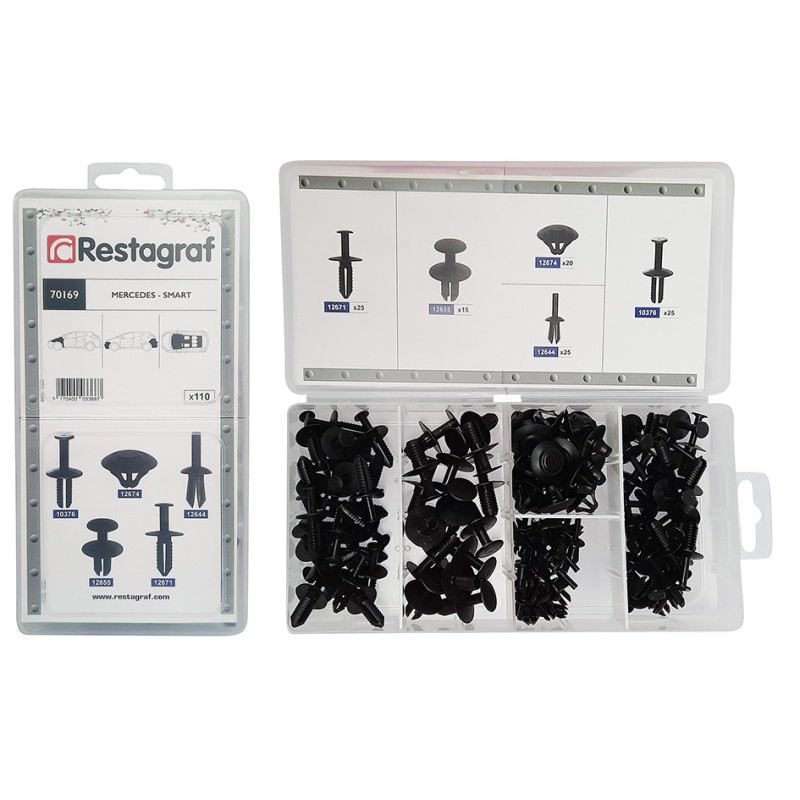MINI-COFFRET D'ASSORTIMENT D'AGRAFES DE GARNISSAGE ET RIVETS PLASTIQUES TYPE MERCEDES SMART