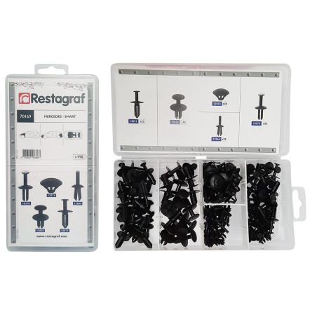 MINI-COFFRET D'ASSORTIMENT D'AGRAFES DE GARNISSAGE ET RIVETS PLASTIQUES TYPE MERCEDES SMART